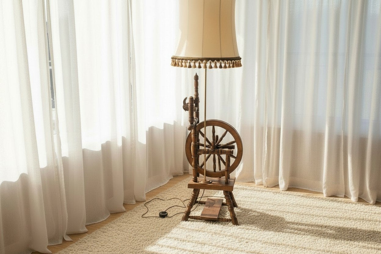 Authentieke Vintage Vloerlamp met Spinnewiel – Uniek Designs, Antiek en Kunst, Ophalen of Verzenden