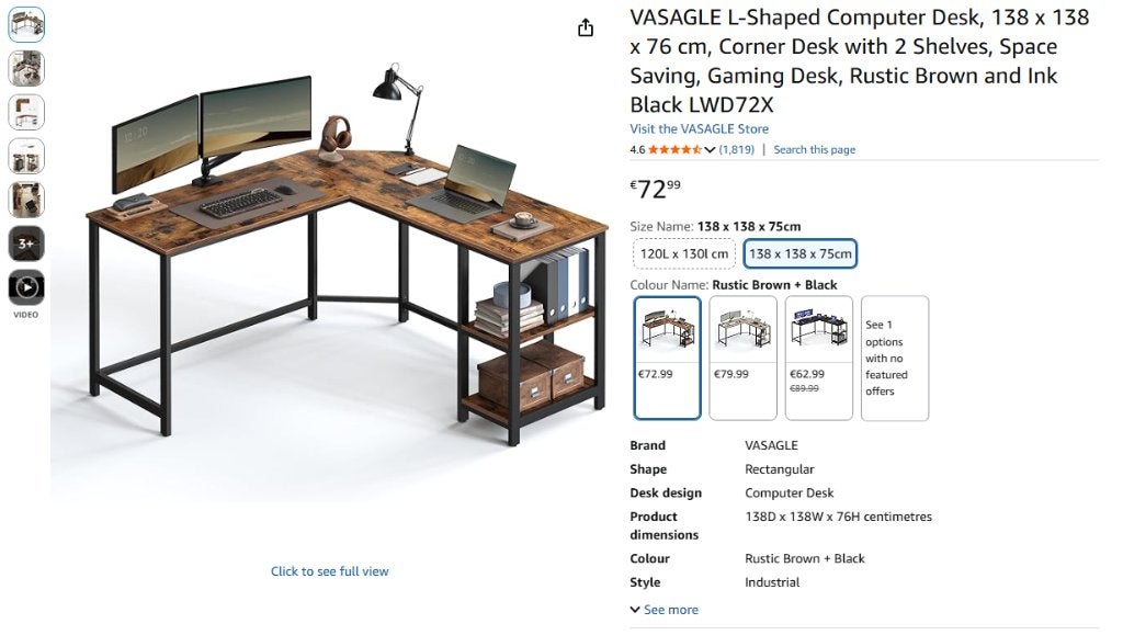 Bureau d'ordinateur en L Vasagle, Maison & Meubles, Bureaux, Comme neuf, Bureau d'ordinateur, Autres marques, Moderne, Bois, Brun