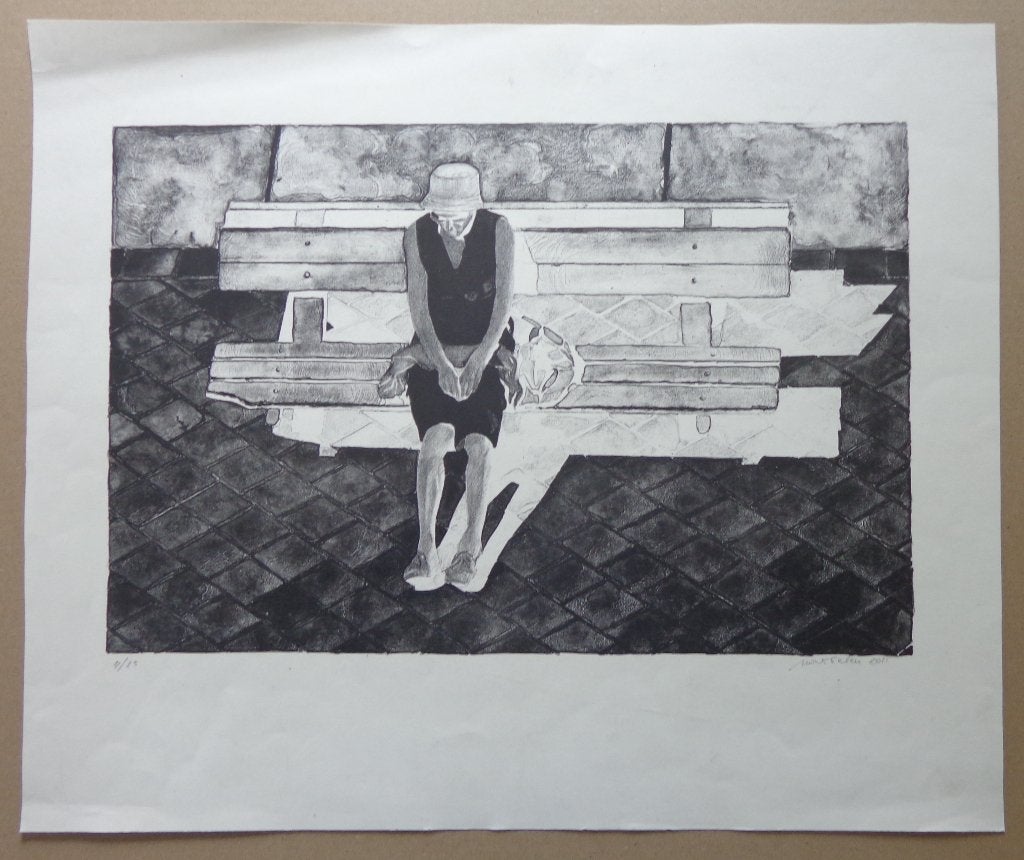 MAX SELEN / RUSTENDE VROUW BANK / ZW-W LITHO / 45x55cm / SIG, Antiquités & Art, Édition limitée, Enlèvement ou Envoi, Portraits et figures