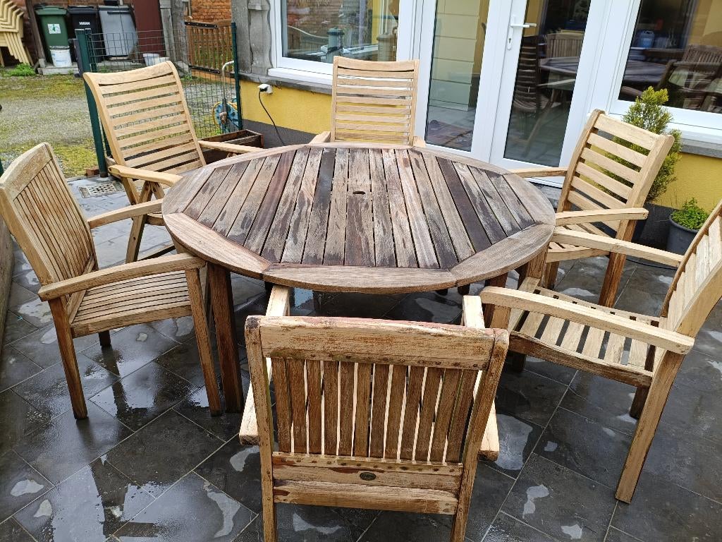 Tuintafel met zes stoelen uit teak, Ophalen, Gebruikt, Rond, Teakhout