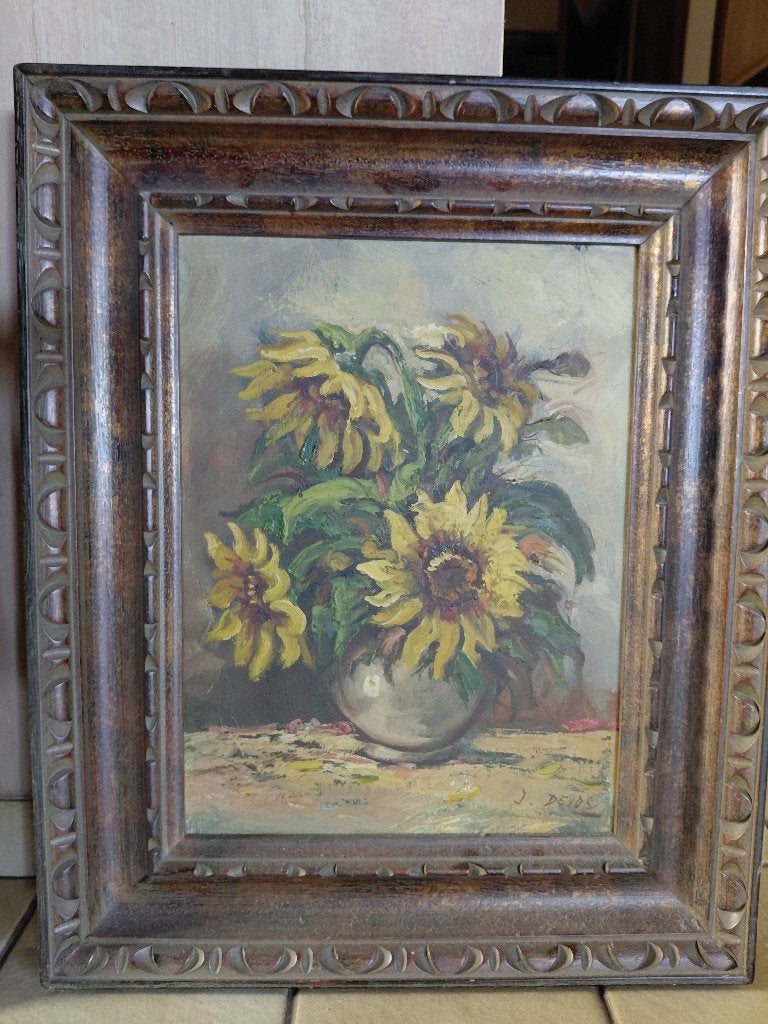 Bloemenstilleven met zonnebloemen - J. Devos, Enlèvement