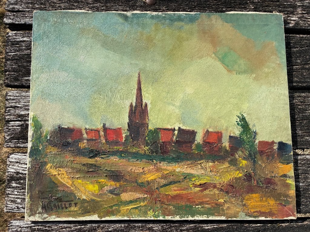 Toile Henri Gaillot '58 Mining Cathedral Beringen, Antiquités & Art, Art | Peinture | Moderne, Paysage urbain, Peinture à l'huile
