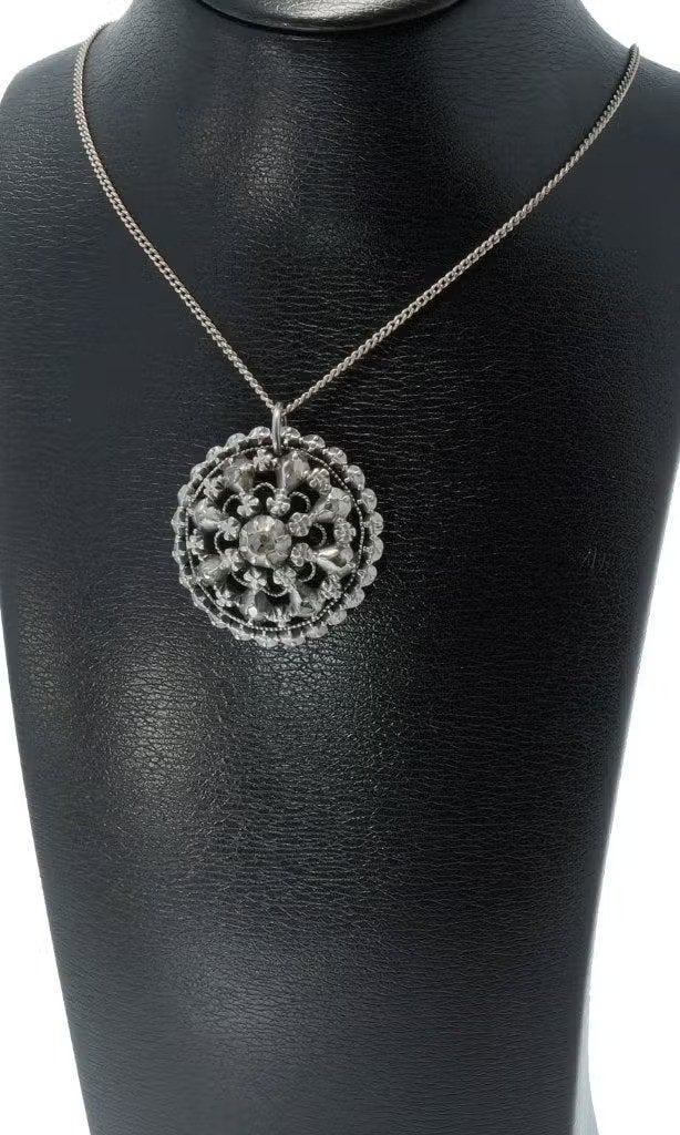 Diamanten antieke hanger zilveren gourmet ketting dames, Ophalen of Verzenden, Hanger, Met edelsteen