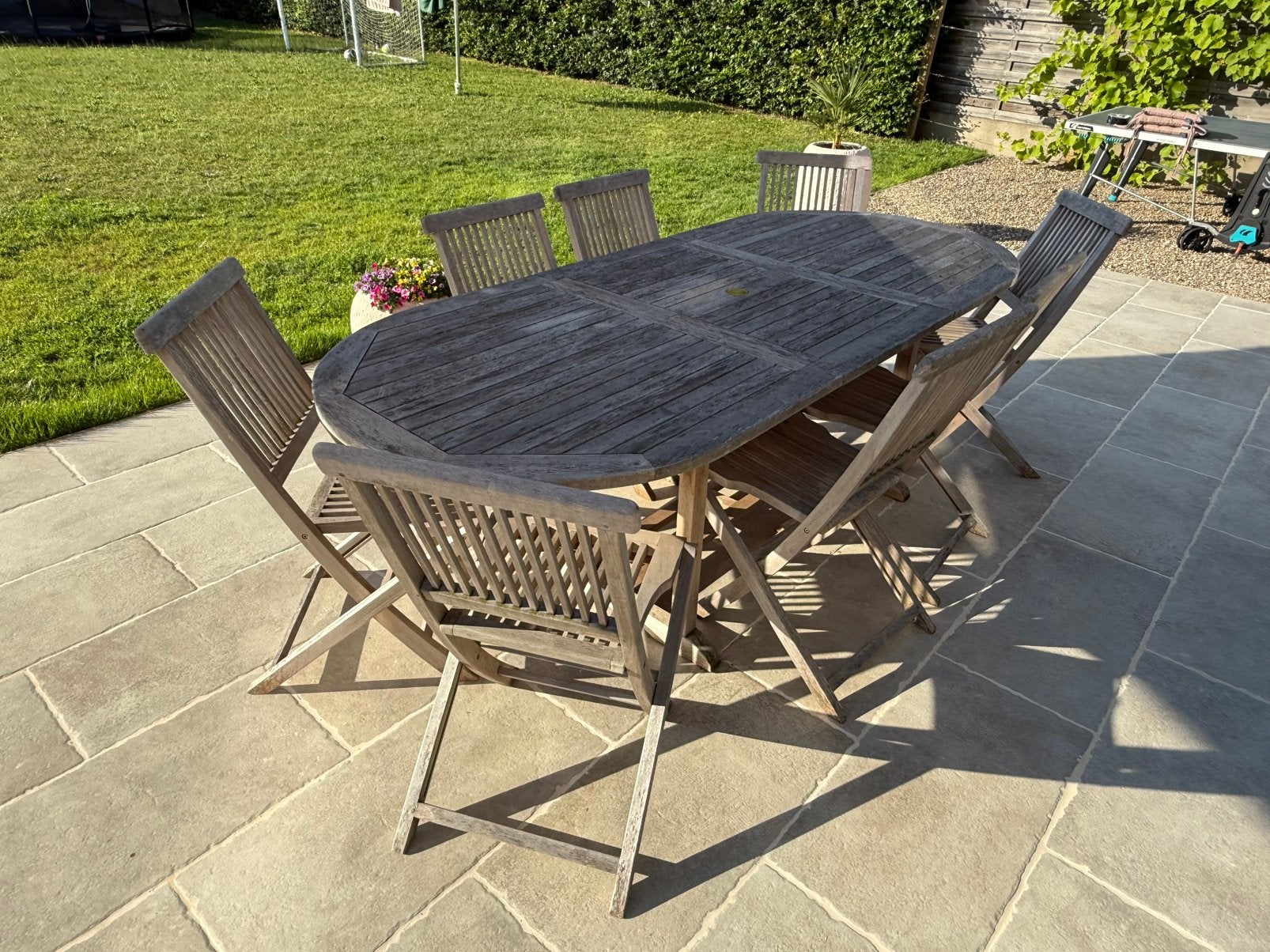VERKOCHT - Teak tuintafel + 8 stoelen, Chaise, Salons de jardin, Comme neuf, 8 places