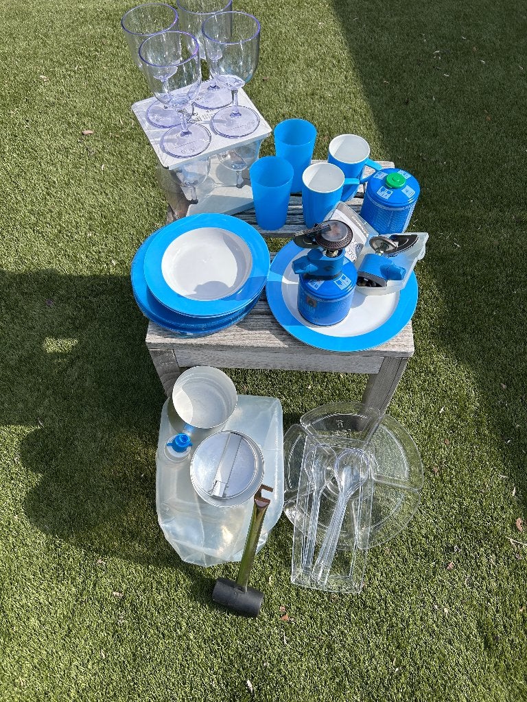 Complete Camping Starterset – Campingaz + Servies + Waterzak, Ophalen, Zo goed als nieuw, X, X