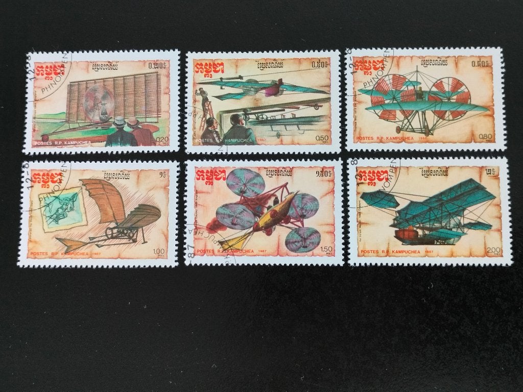 Cambodja 1987 - antieke vliegtuigontwerpen 19e eeuw, Verzenden, Gestempeld, Zuidoost-Azië