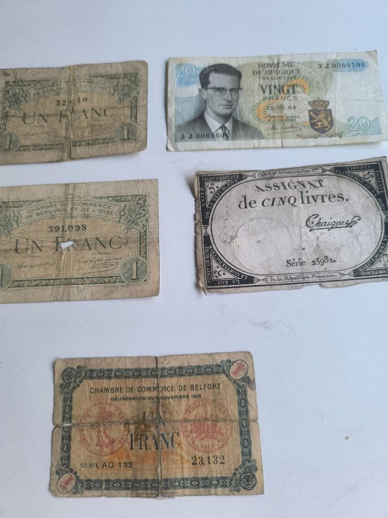 Lot 5 billets France Belgique dont assignat révolution, Enlèvement ou Envoi, Belgique, Billets en vrac