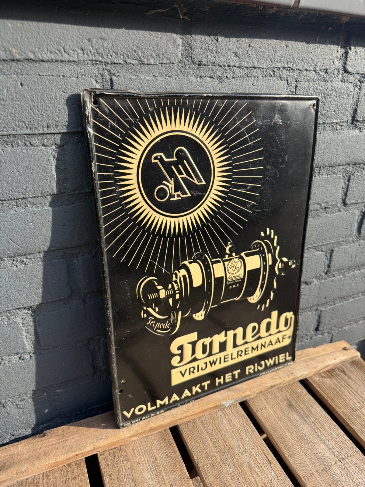 Torpedo Rijwielnaaf oud reclamebord, Verzamelen, Reclamebord, Gebruikt, ., Ophalen of Verzenden