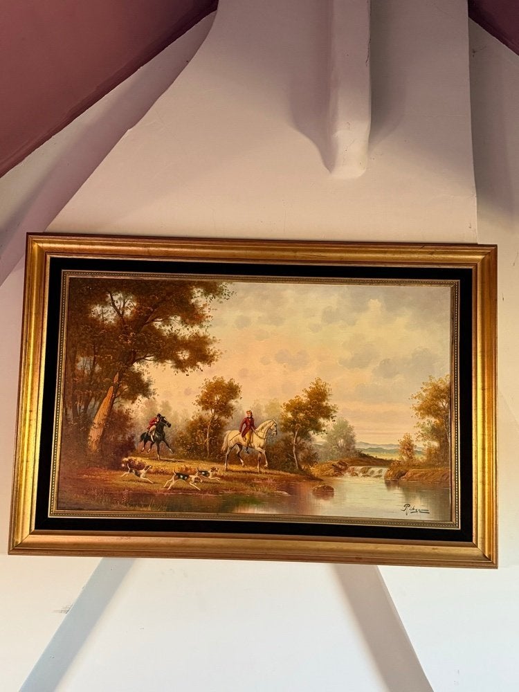 Sfeervol Olieverfschilderij 'Engelse Jacht' – Gesigneerd, Antiek en Kunst, Ophalen, Doek, Gesigneerd, Landschap