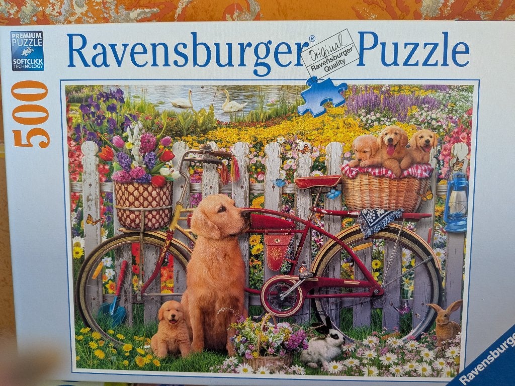 Puzzel 500 stuks hond met fiets, Ophalen of Verzenden, 500 t/m 1500 stukjes, Zo goed als nieuw, Legpuzzel