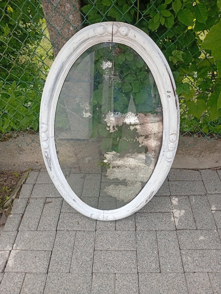 Grand miroir ovale style Louis XVI bois patiné – 100 x 65 cm, Enlèvement, Ovale