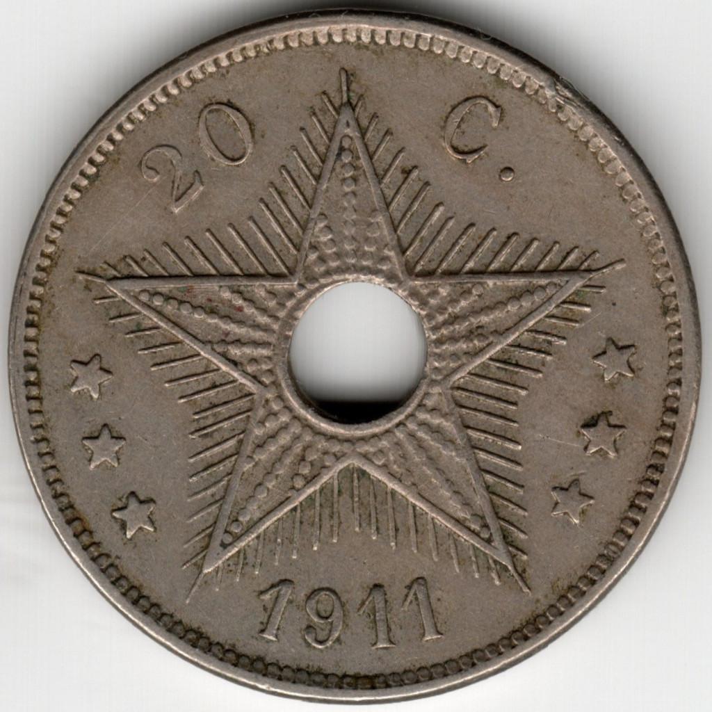 Belgisch Congo : 20 Centimes 1911 KM#19 Ref 16729, Postzegels en Munten, Ophalen of Verzenden, Overige landen, Losse munt