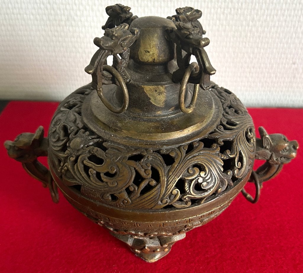 Grote antieke Tibetaanse bronzen wierookbrander, Antiek en Kunst, 16 cm, Ophalen of Verzenden, Gesigneerd, Brons