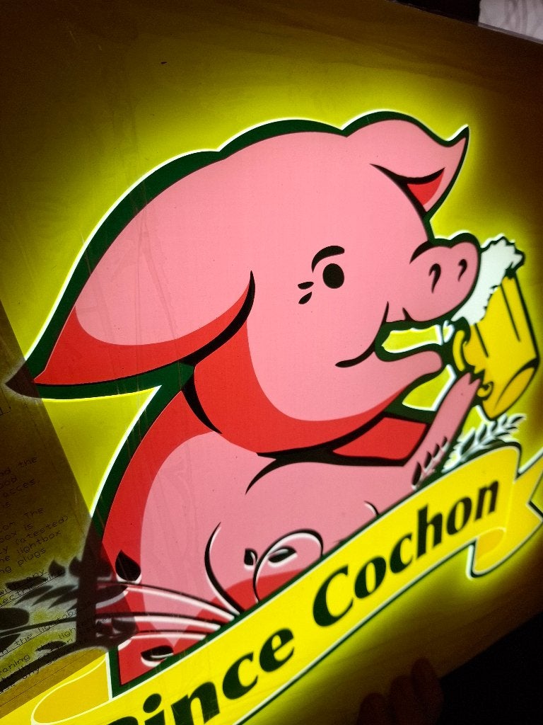 Zeldzame lichtreclame Rince Cochon bier (geel), Verzamelen, Ophalen of Verzenden, Nieuw, Lichtbak of (neon) lamp
