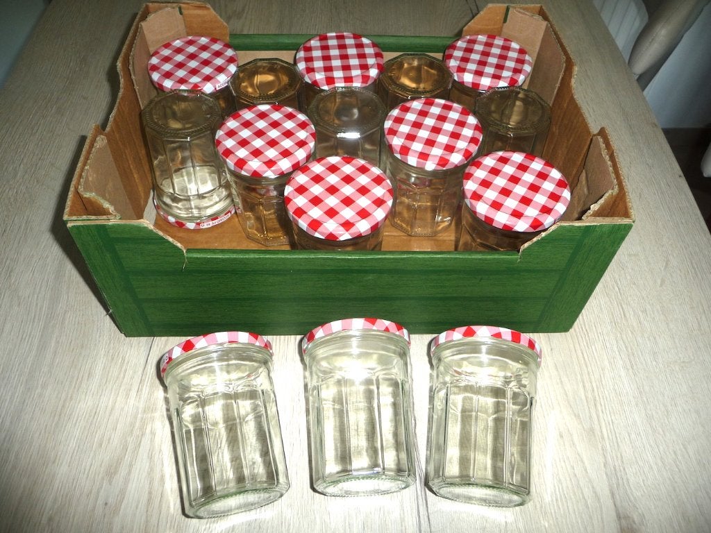 Pots à confiture 450 gr (jusqu'à 60 pièces), Comme neuf, Verre, Avec couvercle, Casserole, Bidon ou Boîte
