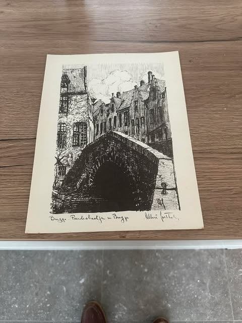 ets Albert Goethals Brugge Peerdestraatje, Antiek en Kunst, Ophalen, Ets, Stadsgezicht, 25 cm