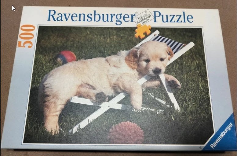 Puzzel Ravensburger - puppy in stoel - 500 stukjes, Ophalen of Verzenden, 500 t/m 1500 stukjes, Gebruikt, Legpuzzel