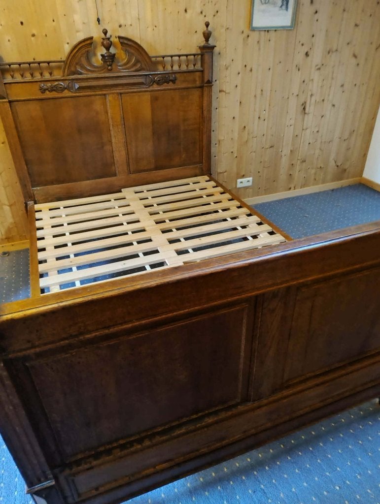 Lit ancien en chêne 140 CM de large avec sommier en bois, Liégeois, 140 cm, Brun, Enlèvement