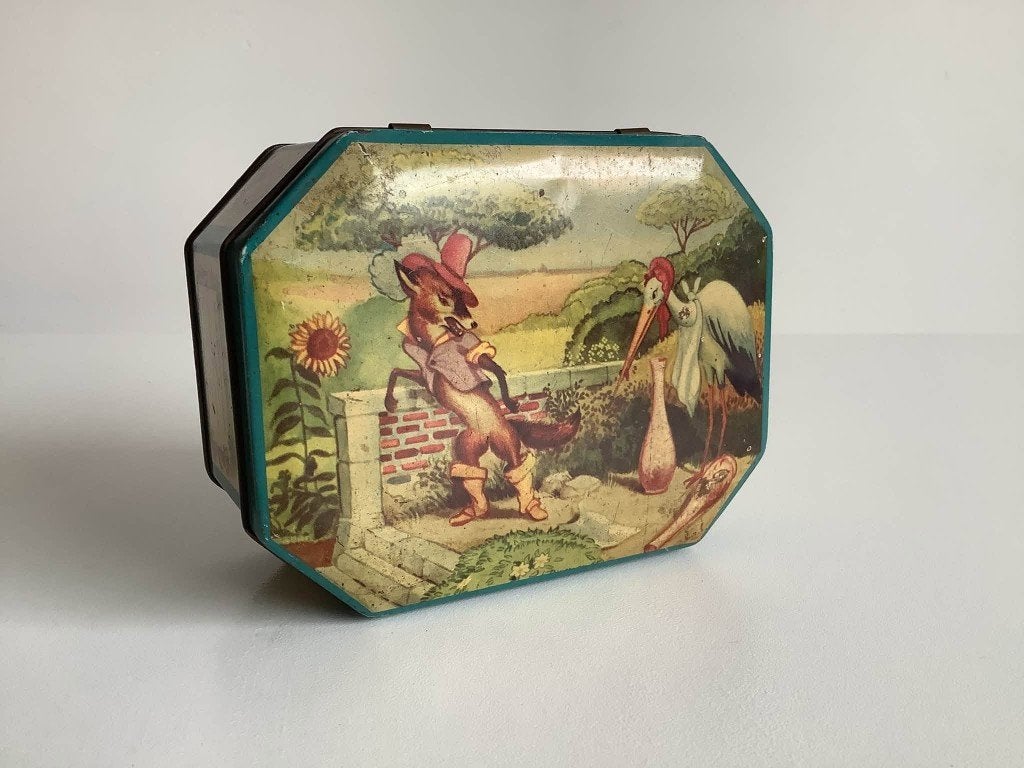 Leuk vintage Blikje met fabel van vos en ooievaar, Verzamelen, Ophalen of Verzenden, Gebruikt, Overige, Overige merken