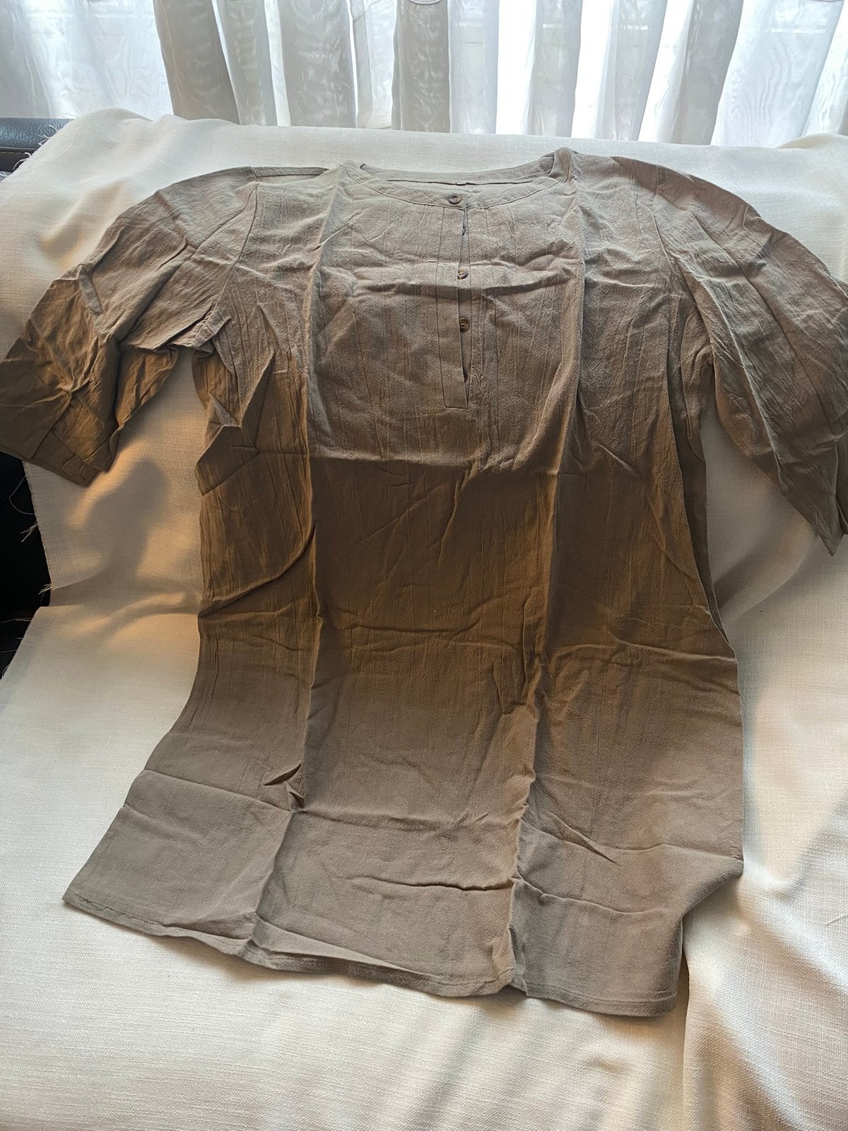 Linnen Tuniek Blouse met Korte Mouwen en Knopen, Kleding | Dames, Ophalen of Verzenden, Nieuw, Maat 42/44 (L), Beige