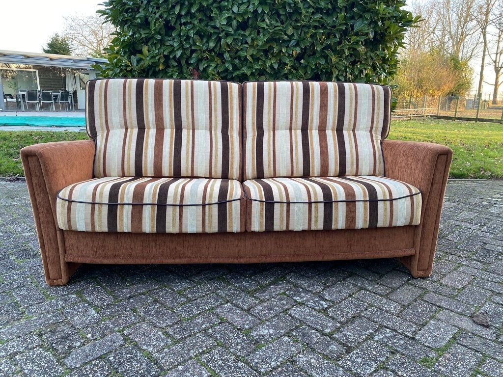 Stoffen bank bruine strepen en verstelbare zitting / retro, Huis en Inrichting, Gebruikt, 125 cm of meer, Ophalen of Verzenden