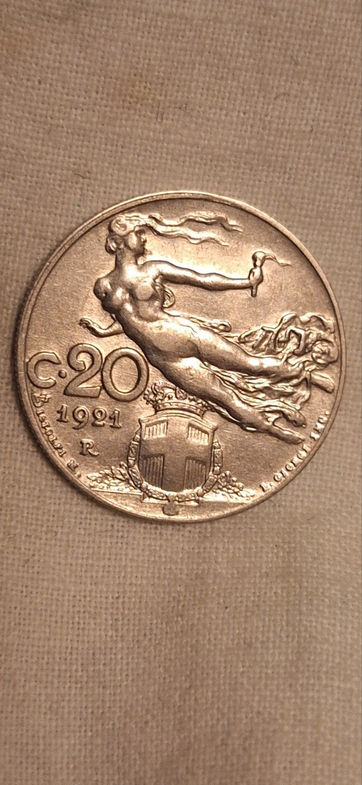 Munt Italië 20 Centesimi 1921 – "Libertà Librata" (Nikkel), Postzegels en Munten, Verzenden, Italië