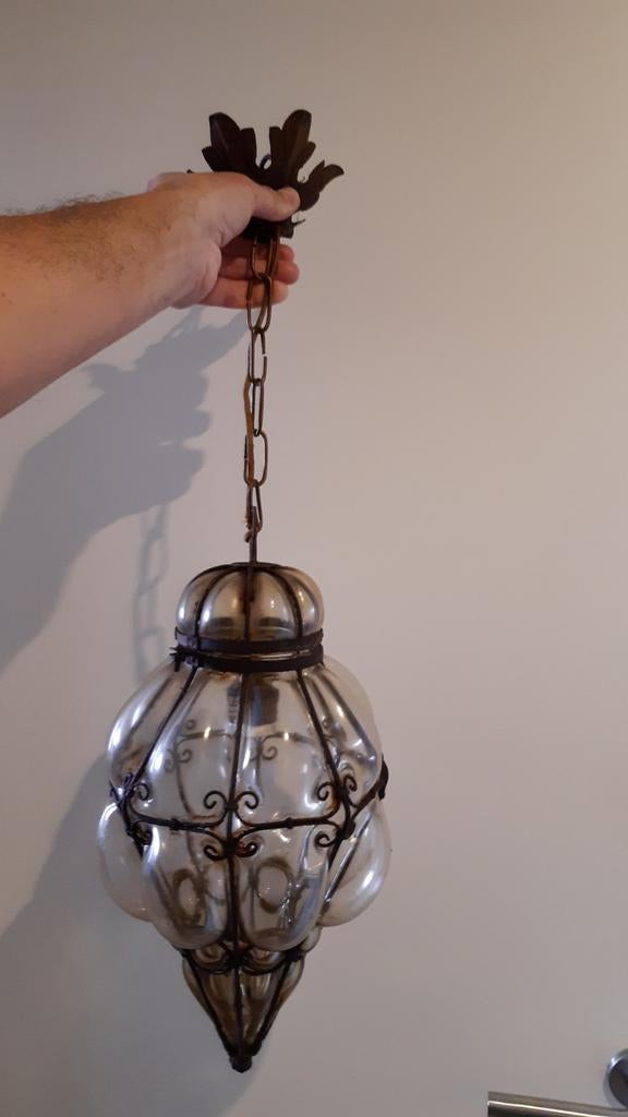 PRACHTIGE ANTIEKE VENICIAANSE HANGLAMP MET MONDGEBLAZEN GLAS, Ophalen