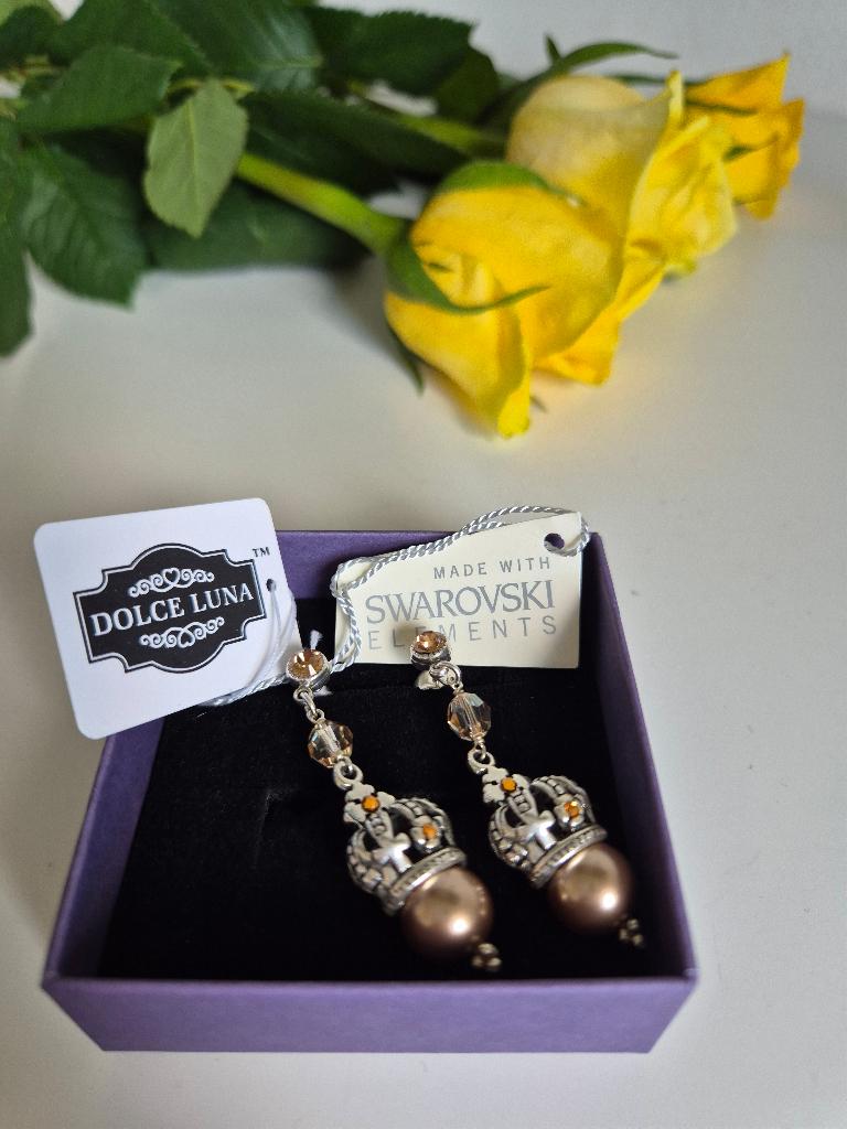 Oorbellen – Champagne Parel & Swarovski, Handtassen en Accessoires, Oorbellen, Nieuw, Hangers, Zilver, Beige, Met kristal, Ophalen of Verzenden