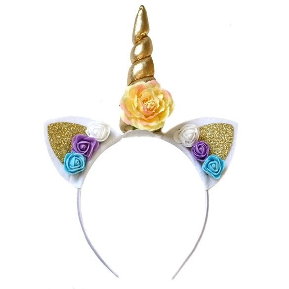Carnaval unicorn diadeem hoorntje goud met oortjes en roosje, Ophalen of Verzenden, Nieuw