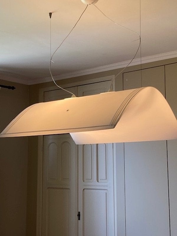 Design hanglamp Prandina – witte stoffen kap – 90 cm, Huis en Inrichting, Lampen | Hanglampen, Ophalen, Zo goed als nieuw