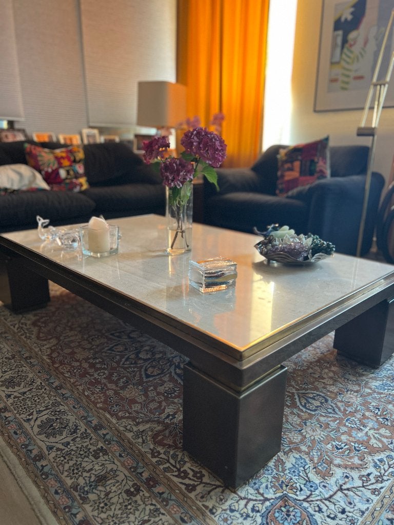 Salontafel koper/travertijn - Belgochrom, jaren 70., Maison & Meubles, Tables | Tables de salon, 100 à 150 cm, Enlèvement, Utilisé