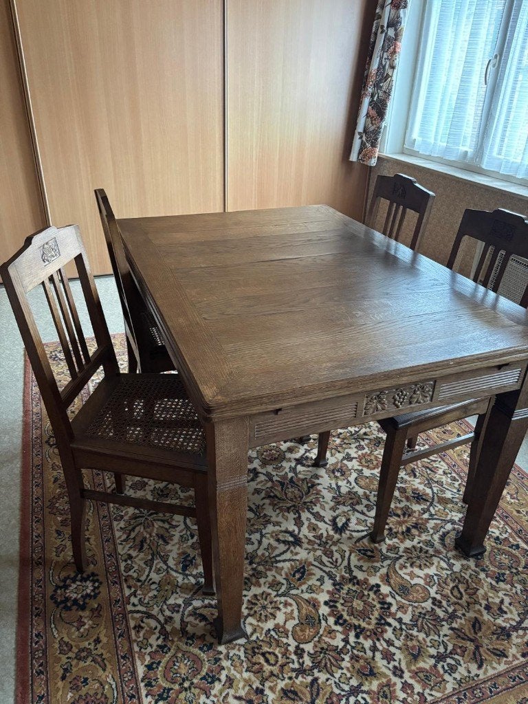 Stevige eikenhouten eettafel met 6 stoelen, Huis en Inrichting, Tafels | Eettafels, Ophalen, Gebruikt, 100 tot 150 cm, Eikenhout