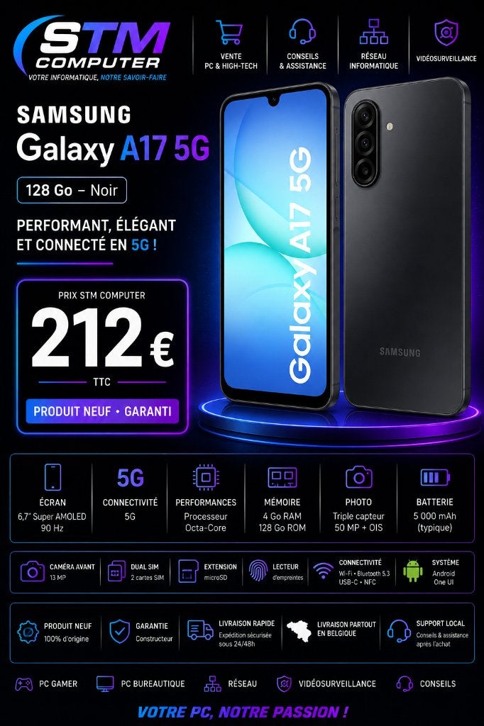 Samsung Galaxy A17 5G 128 Go – Noir, Neuf, 10 mégapixels ou plus, Sans abonnement, Sans simlock