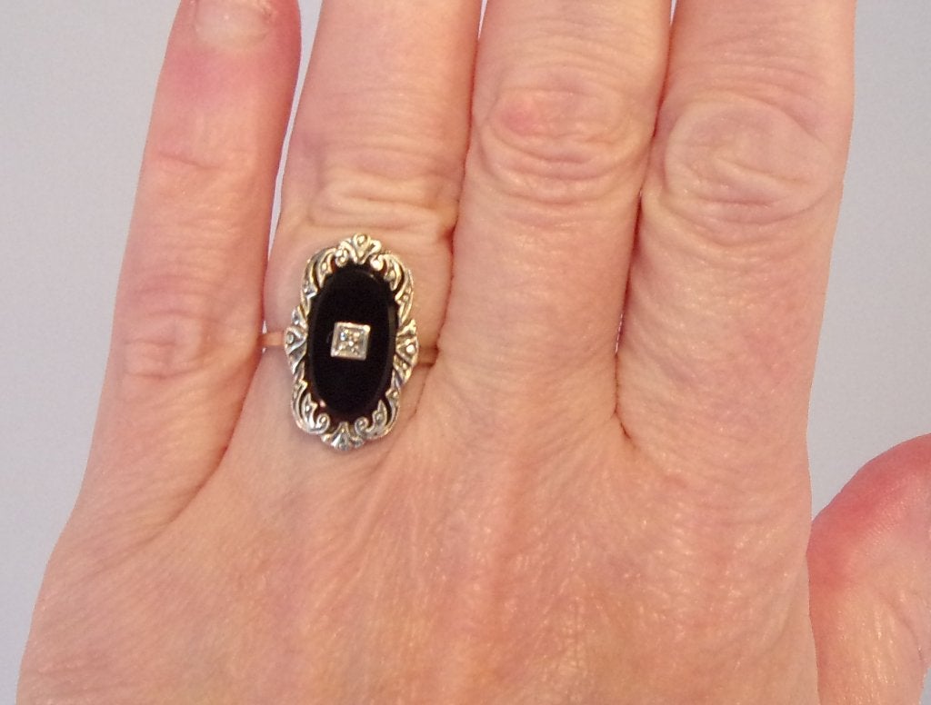Zeldzame Art Deco ring met Onyx en Diamant, 14 karaat goud, Verzenden, Goud, Ring, Met edelsteen