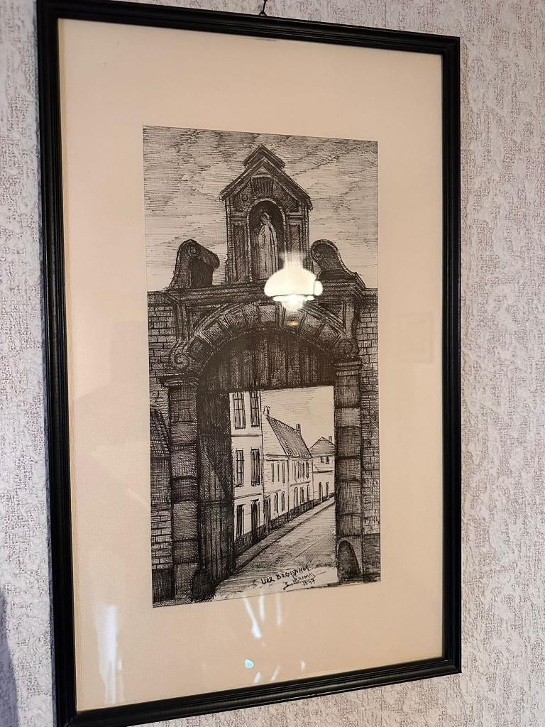 Gesigneerde zwart‑wit tekening Lier Begijnhof – 1977, Enlèvement, Vue urbaine, Signé