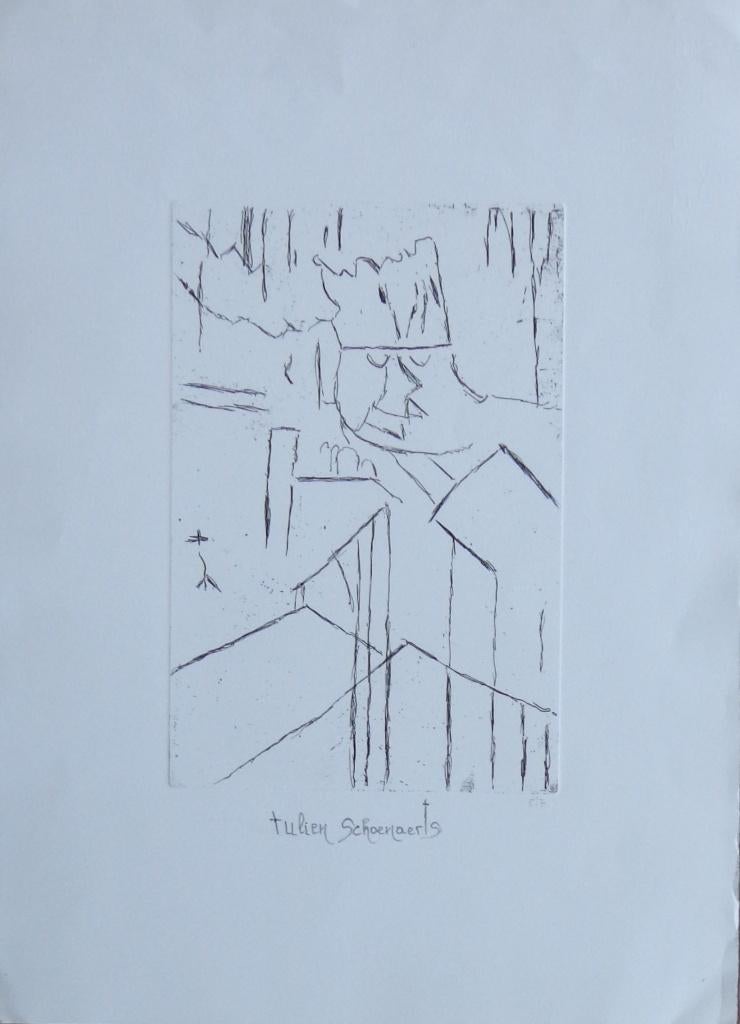 JULIEN SCHOENAERTS / MAN MET KROON / ZW-W ETS / 52x38cm SIG, Antiek en Kunst, Kunst | Litho's en Zeefdrukken, Gesigneerd, Ophalen of Verzenden