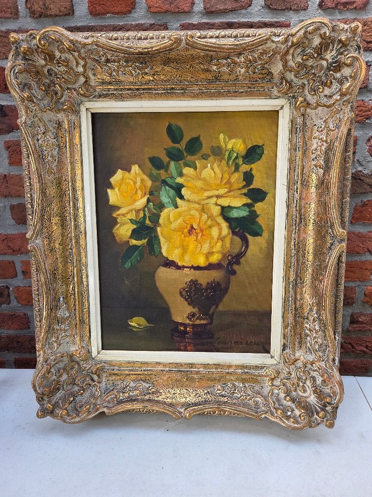 Gesigneerd vintage schilderij gele rozen met sierlijke lijst, Antiek en Kunst, Ophalen, Vintage, Gesigneerd