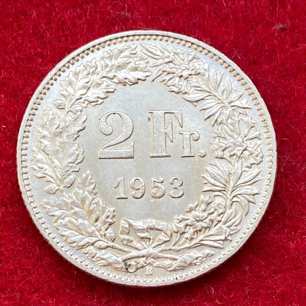Oude zilveren Zwitserse munt van 2 frank uit 1953, Ophalen of Verzenden, Zilver
