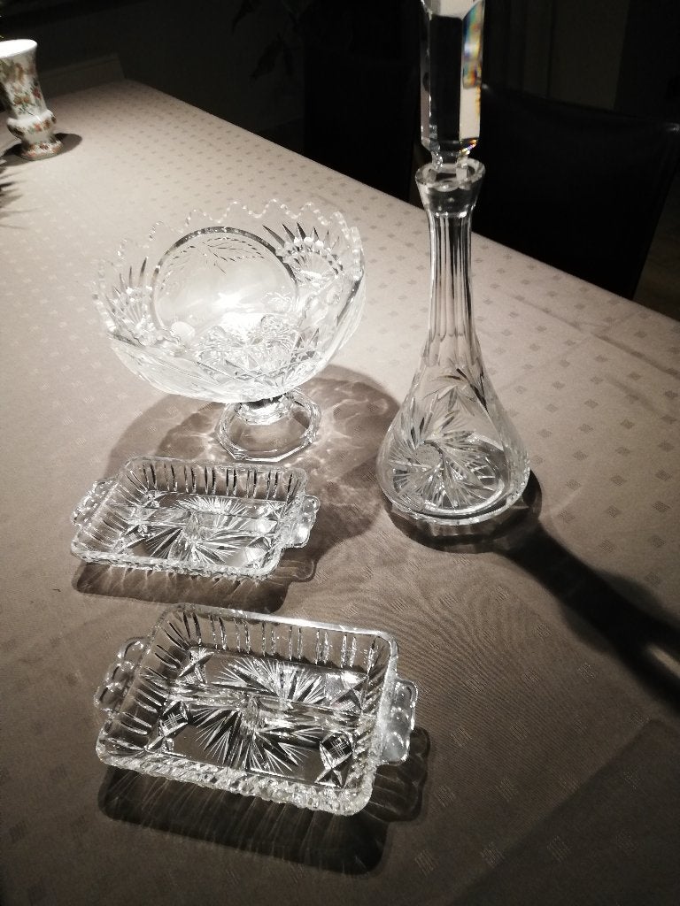 Kristallen(bohemien) karaf, fruitschaal en koekjesschaaltjes, Ophalen of Verzenden, Zo goed als nieuw, Kristal, Overige typen