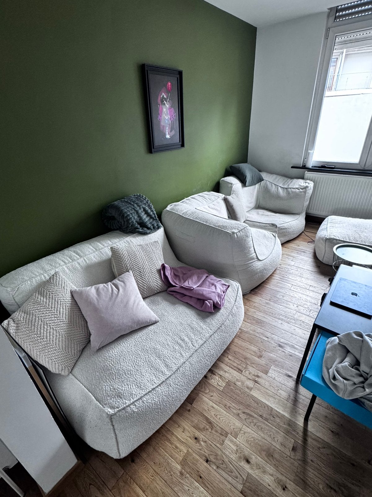 Ensemble Canapé Modulable Tissu Bouclette Blanc + Pouf, Enlèvement, Utilisé