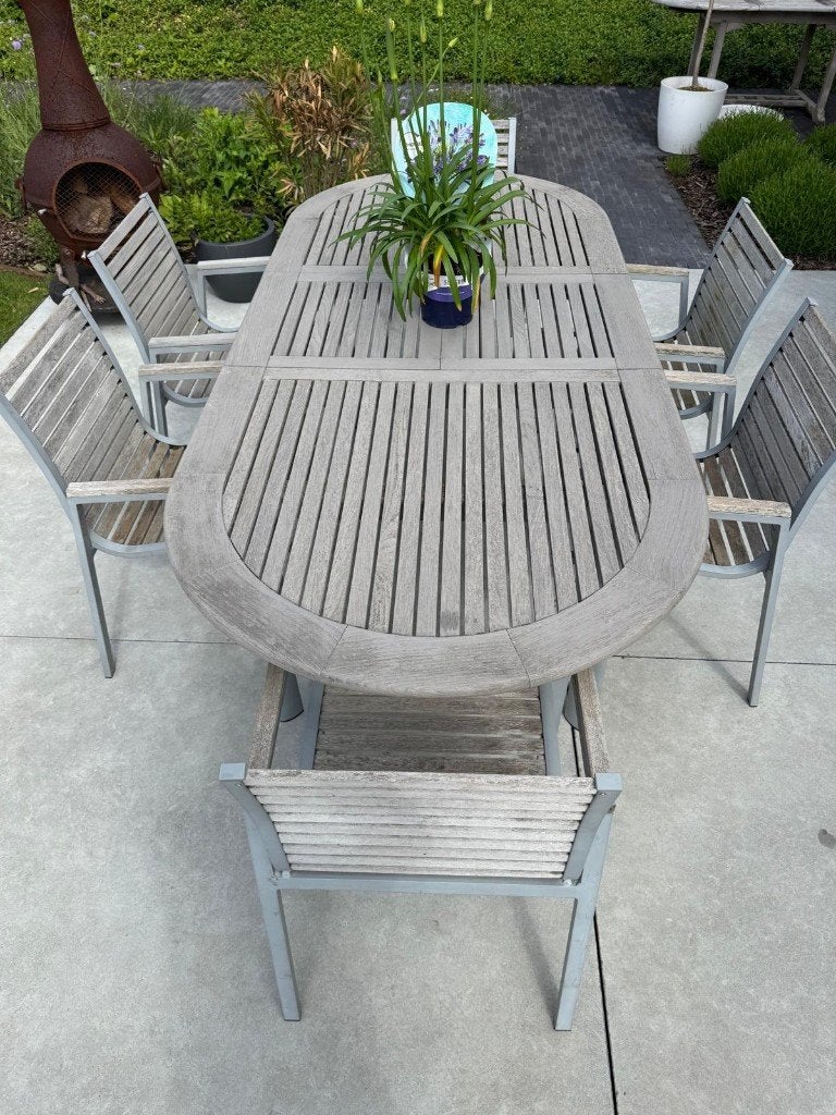 Uitschuifbare ovale tuintafel + 6 stoelen Teak/aluminium, Tuin en Terras, Ophalen, Gebruikt, Ovaal, Aluminium