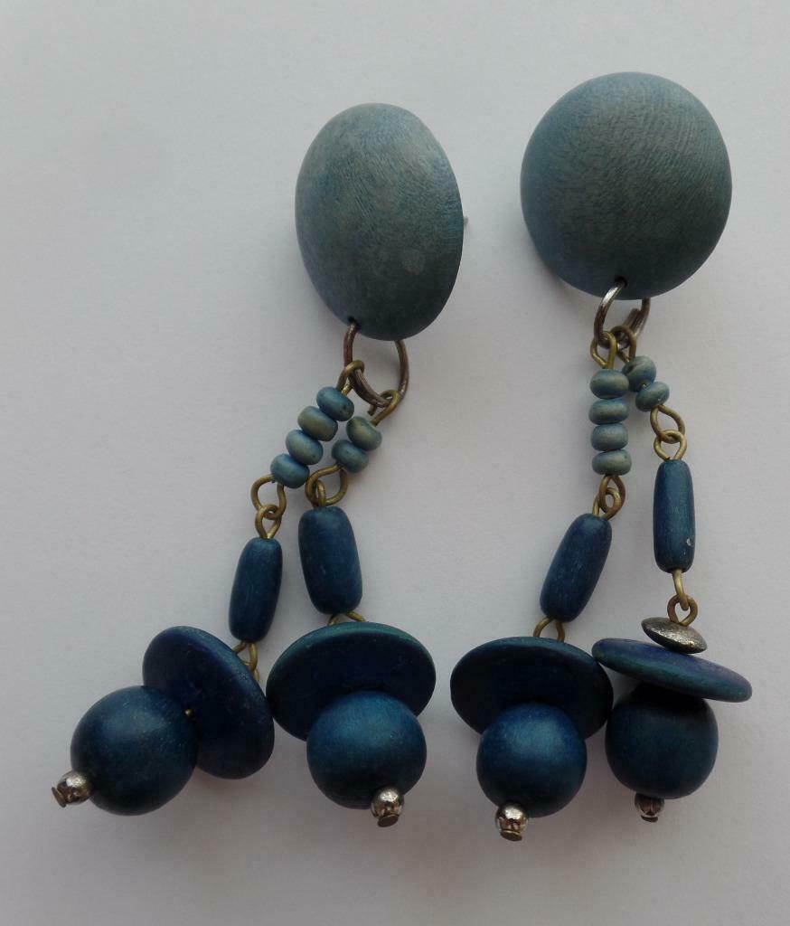 Lange blauwe houten oorbellen - eighties, Bijoux, Sacs & Beauté, Boucles d'oreilles, Comme neuf, Pendantes, Autres matériaux, Bleu