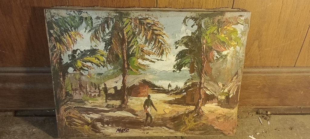 Peinture sur toile signée MOJO, art africain, 35x25, n389, Antiquités & Art, Enlèvement ou Envoi