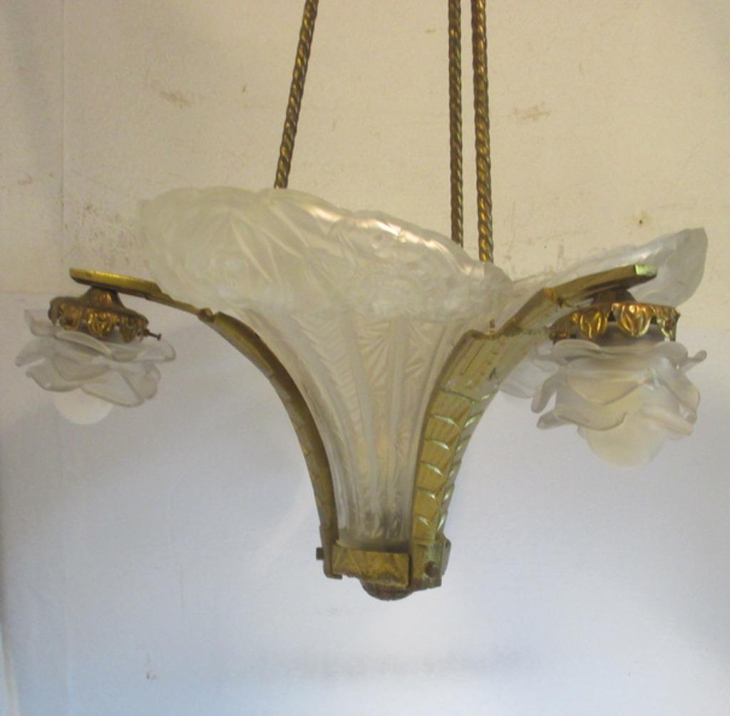 originele bronzen art deco luster grote schelpen schalen, Ophalen