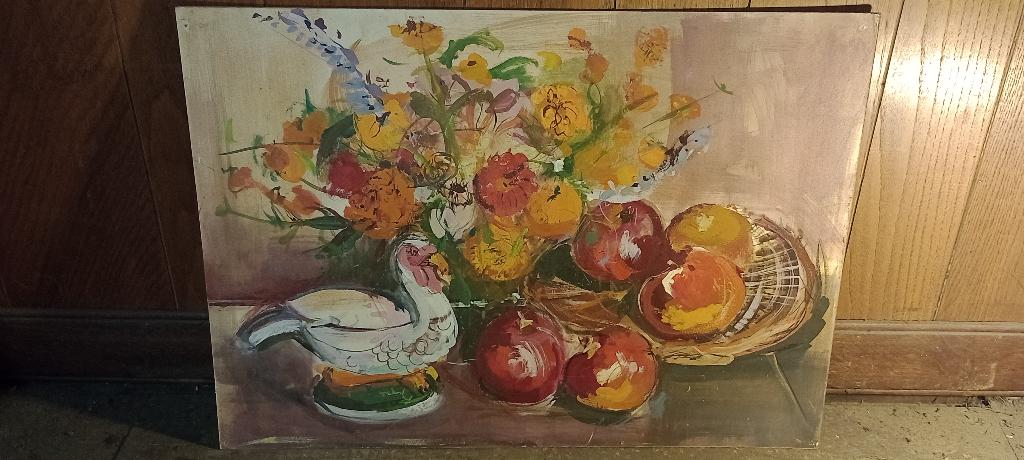 Peinture nature morte carton rigide signée LATE,70x50,n516, Enlèvement, Nature morte
