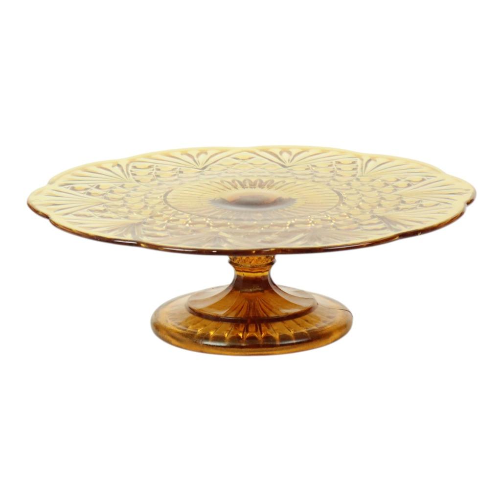 Art Deco Amber Taartschaal Standaard Depression Glass 33cm, Enlèvement ou Envoi