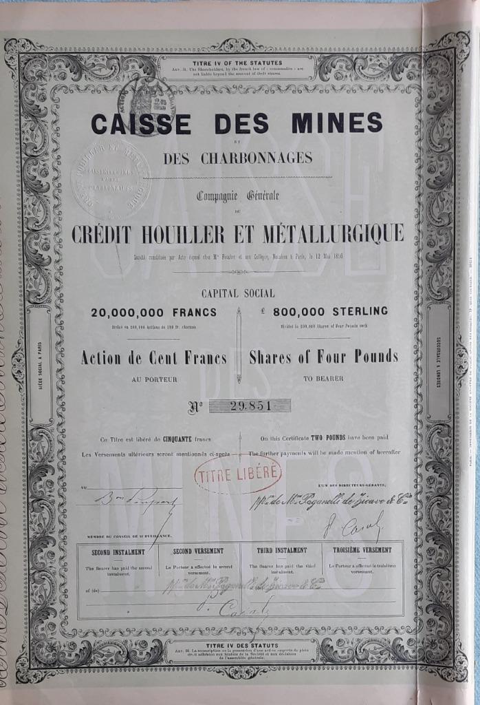 Caisse des Mines et des Charbonnages -  - Paris - 1856 !!, Enlèvement ou Envoi, Avant 1920, Action