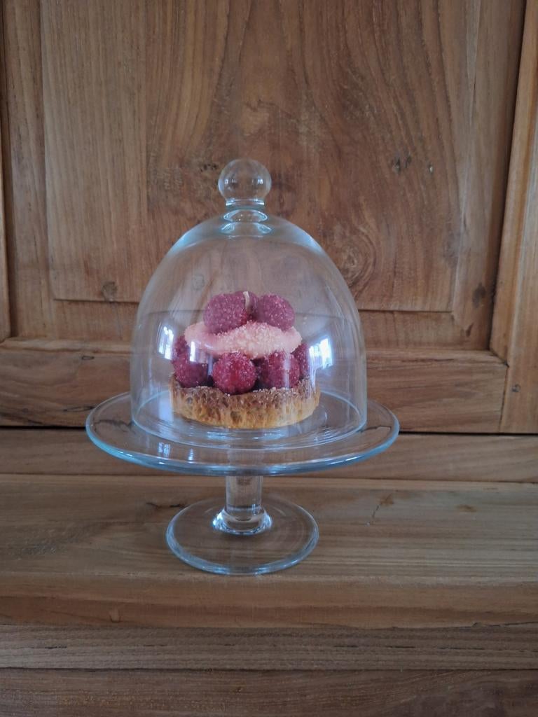 Kleine serveerschaal met stolp(alles glas) en kaarsentaartje, Ophalen