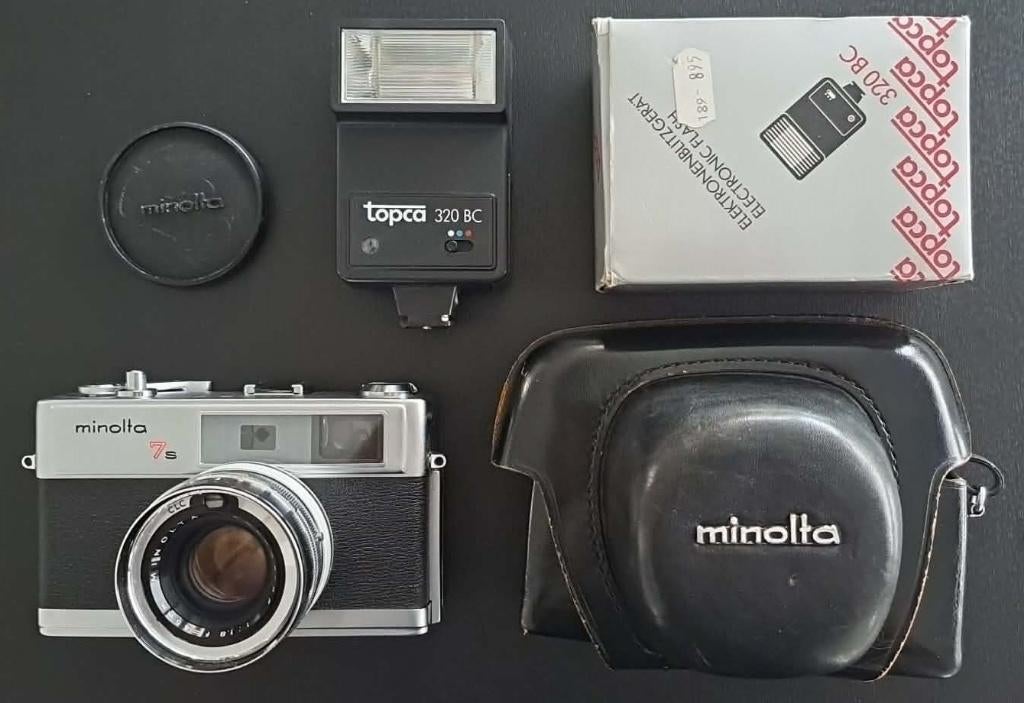 Minolta Hi-Matic 7S met accessoires, Audio, Tv en Foto, Fotocamera's Analoog, Ophalen of Verzenden, Gebruikt, Minolta