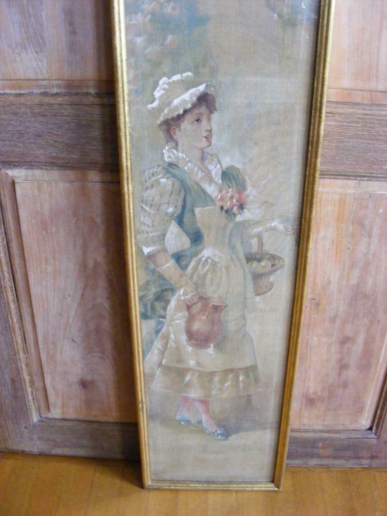 Tableau ancien "Fille au panier et pot à lait", Enlèvement